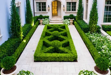 Formal boxwood garden with landscape lighting