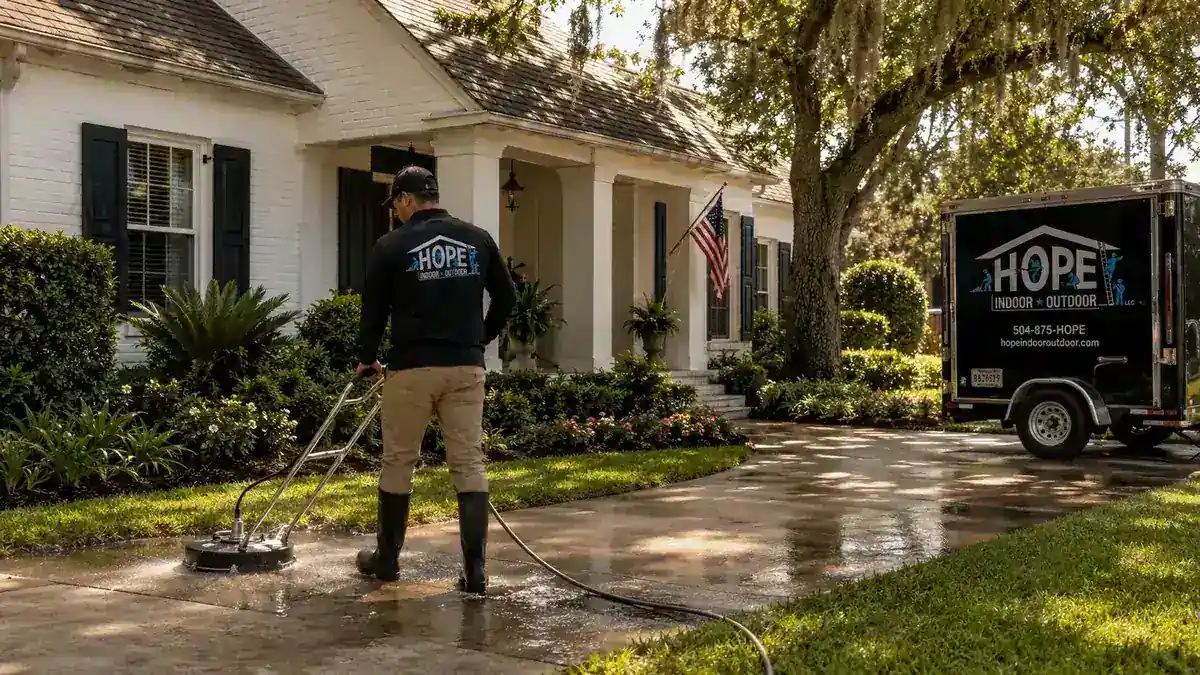 Hope Indoor & Outdoor pressure washing a Greater New Orleans driveway